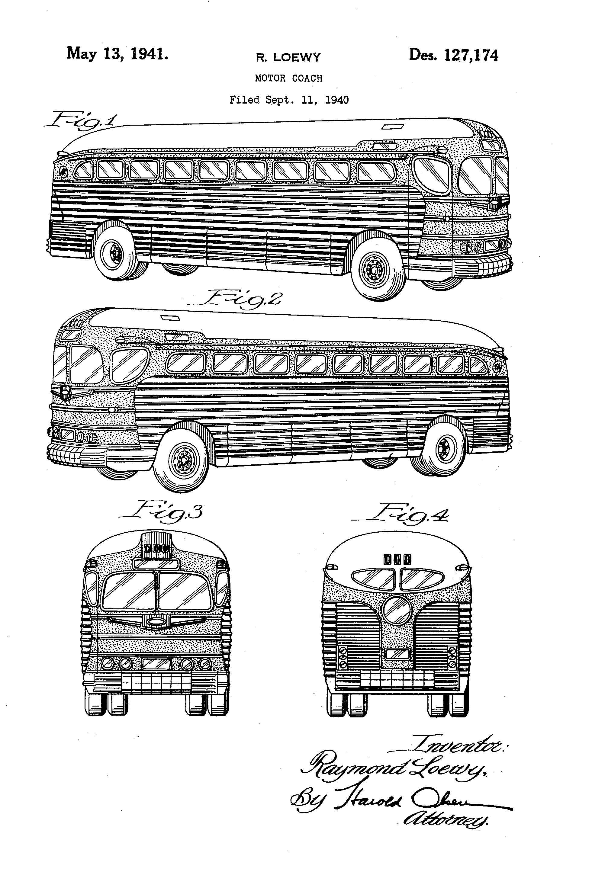 Motor Coach, Raymond Lowey, for Greyhound Corporation, 1940/1941. Patent Number: USD 127,174, U.S. Patent Office