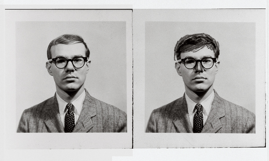 Andy Warhol passport photographs, one of which Warhol altered with a pencil, to make his hair appear fuller and his nose slimmer, 1956. All images appear in Andy Warhol Giant Size