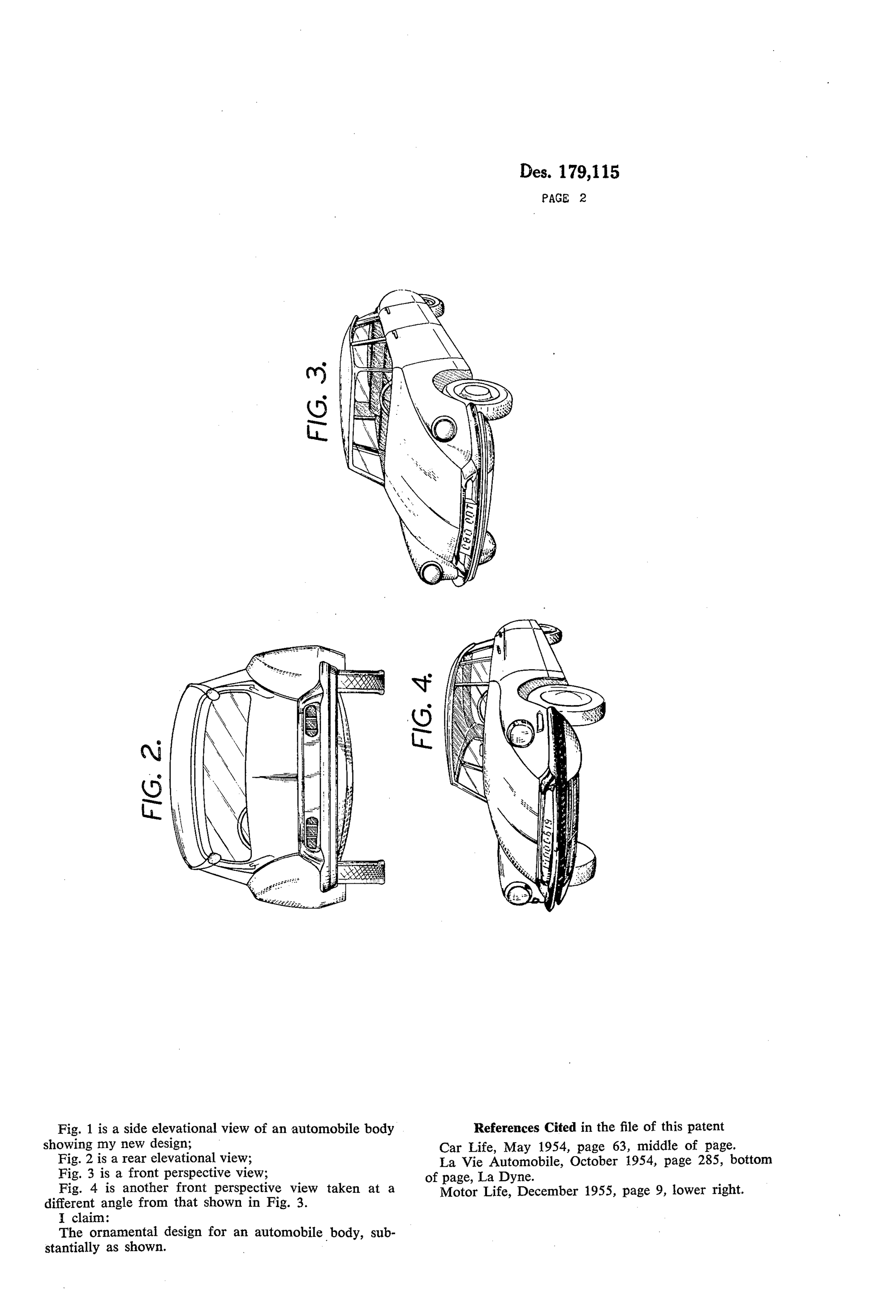 Automobile Body, Antoine Brueder, for Societe Anonyme André Citroën, 1956. Patent Number: USD 179,115, U.S. Patent Office 