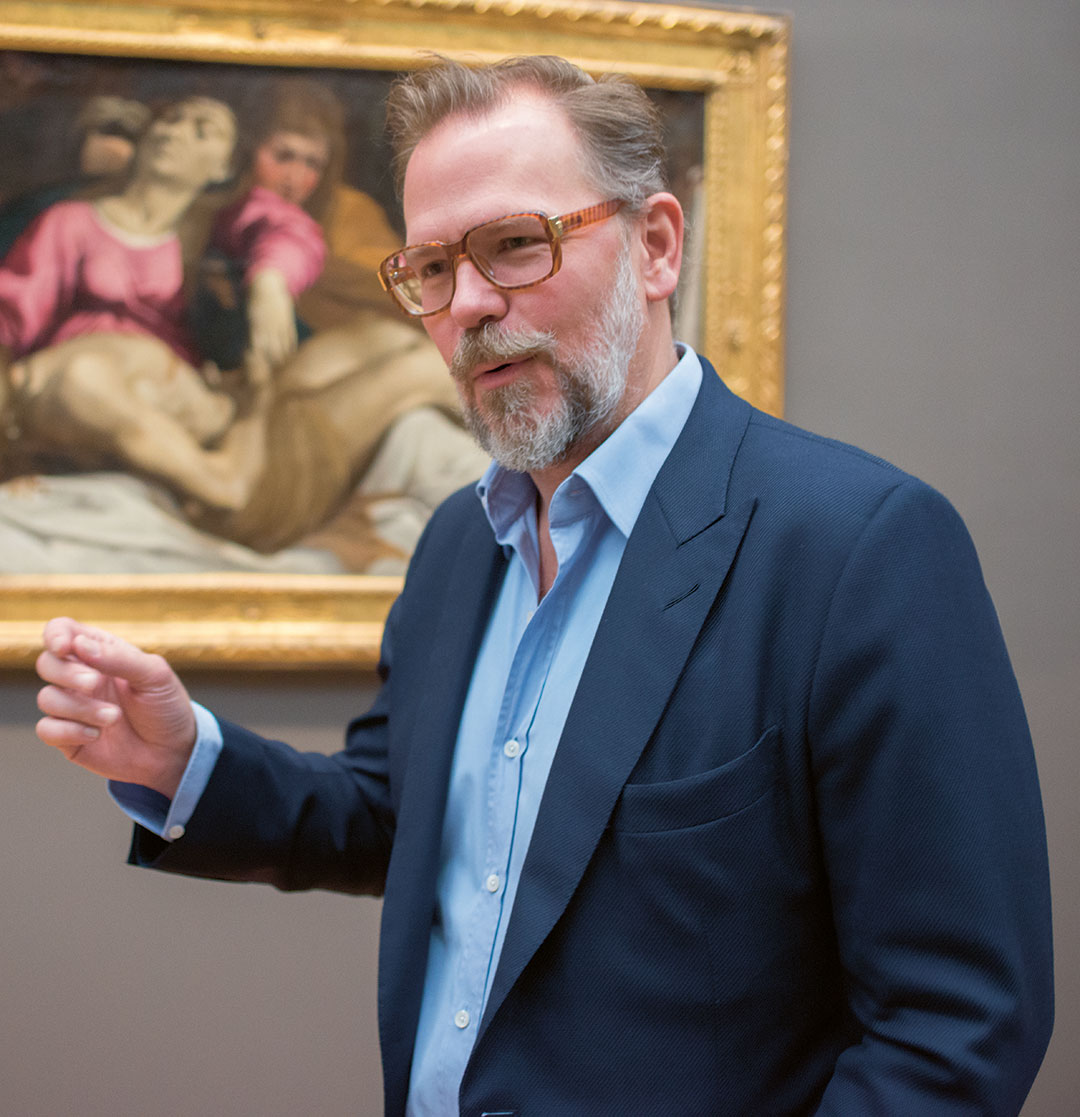 John Currin beside Ludovico Carracci’s The Lamentation at the Metropolitan Museum, New York. Photo by Jackie Neale/Kathryn Hurni © The Met
