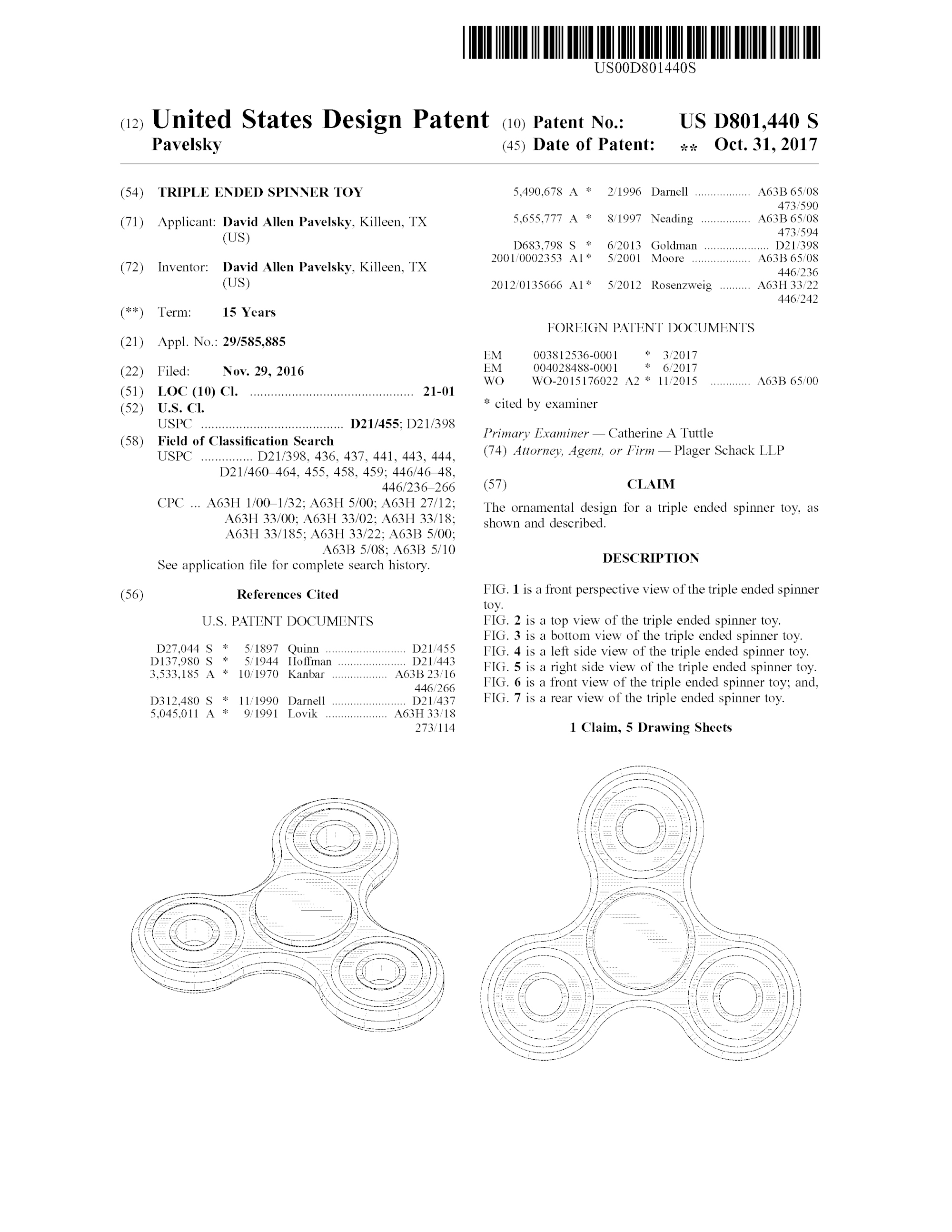 Triple Ended Spinner Toy, David Allen Pavelsky, 2016/2017. Patent Number: USD 801,440, U.S. Patent Office