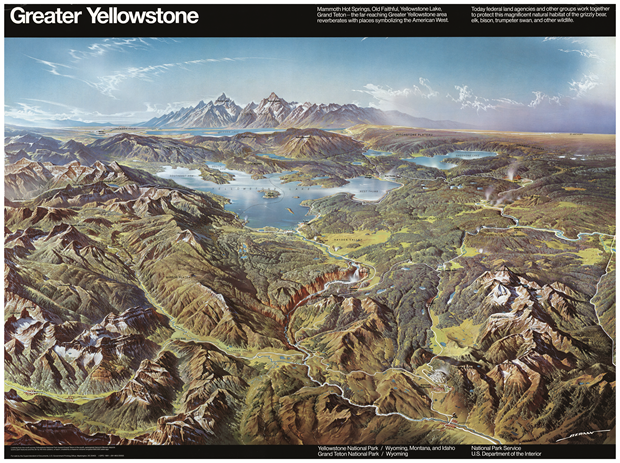 Greater Yellowstone, 1962, Heinrich C. Berann Printed paper, 74 x 100 cm / 29 x 39 1/2 in., private collection. David Rumsey Map Collection. From Map