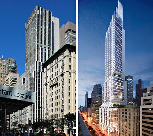 Foster's conceptual design for 425 Park Avenue, New York. David W. Dunlap/The New York Times (left), dbox for Foster & Partners/L&L Holding Company (right)