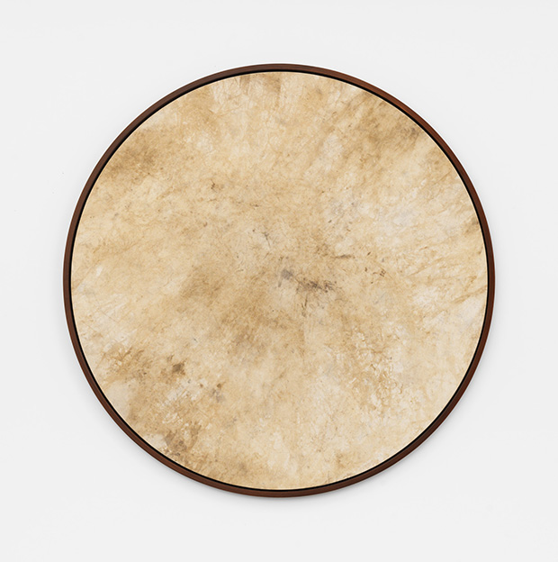 Davide Balula, River Painting, sediment on canvas, 2015 120 cm diameter. Part of the installation: Davide Balula, Painting the Roof of your Mouth (Ice Cream), 2015; dimensions variable. Courtesy Galerie Frank Elbaz, Paris and François Ghebaly Gallery, Los Angeles. With the support of Noirmontartproduction, Paris