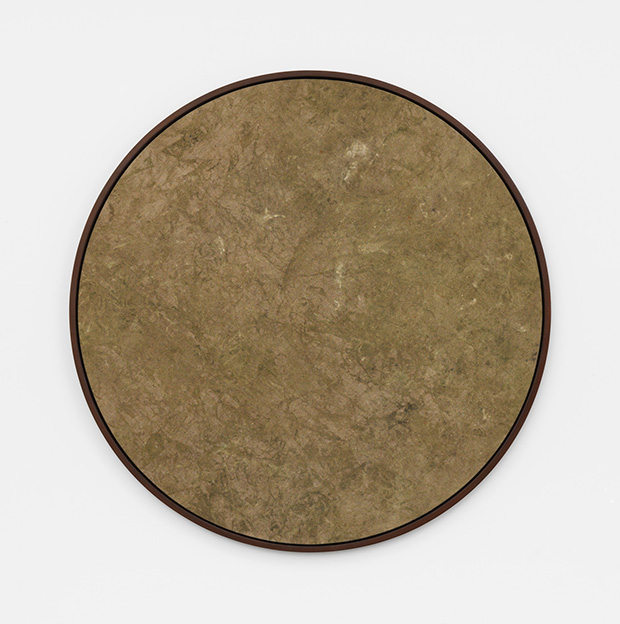 Davide Balula, Buried Painting, 2015. Dirt particles on canvas 120cm diameter. Part of the installation: Davide Balula, Painting the Roof of your Mouth (Ice Cream), 2015; dimensions variable. Courtesy Galerie Frank Elbaz, Paris and François Ghebaly Gallery, Los Angeles. With the support of Noirmontartproduction, Paris