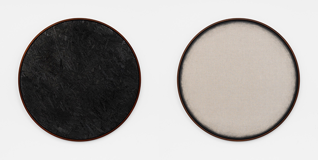 Burnt Painting, Imprint of the Burnt Painting, 2015 Charred wood, Dust of charred wood on canvas 120cm diameter. Courtesy Galerie Frank Elbaz, Paris and François Ghebaly Gallery, Los Angeles. With the support of Noirmontartproduction, Paris