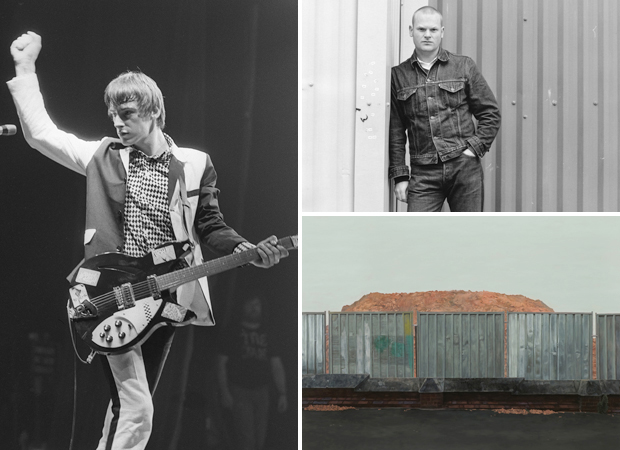 Paul Weller of the Jam at the Manchester Apollo Theatre (1979) (left) photograph by Howard Barlow, photograph of the artist by Jane Sebire (top right) and his work 'Tryst at a Recent Earthwork' (2011) (bottom right)
