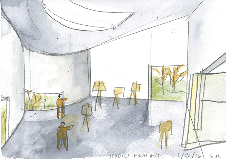 Holl's water-colour plans for the new Visual Arts Building at Franklin & Marshall College, Lancaster, Pennsylvania, by Steven Holl. Image courtesy of stevenholl.com
