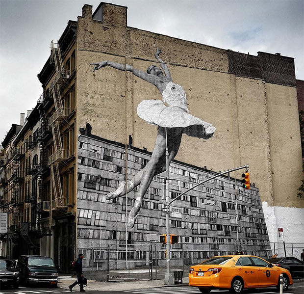 An adaptation of Jeté Cambré, Lauren Lovette, Les Bosquets, Montfermeil, France, 2014 by JR pasted up in New York City, 2015. Image courtesy of JR's Instagram