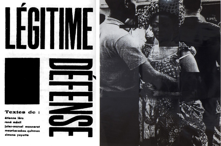 Left: Cover of Légitime Défense (Self-Defense) journal, 1932. Right: Adam Pendleton with Jaan Evart and Marc Hollenstein, Black Dada (Ian Berry, couple dancing, independence celebration Congo, 1960), 2008/2012, courtesy of Performa 13