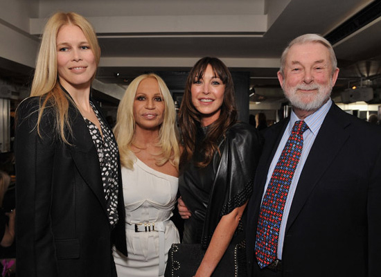 The Anatomy of Fashion author Colin McDowell and fashionable friends: Claudia Schiffer, Donatella Versace and Tamara Mellon
