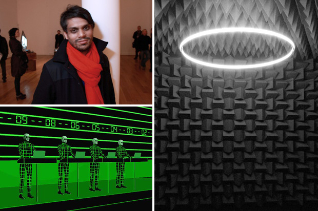 Haroon Mirza (top left), 'The National Apavillion of Then and Now' at Venice Biennale 2011 (right) and Kraftwerk (bottom left)