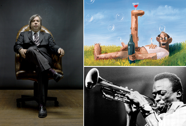 Portrait of the artist George Condo (left), his painting 'Uncle Joe' (2005) (top right) and Miles Davis (bottom right) who features on the artist's Muse Music playlist 