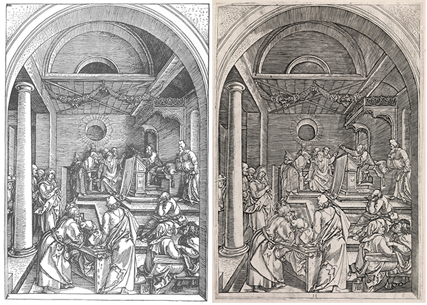 From left: Christ Among the Doctors in the Temple, plate 15 in Life of the Virgin (1503) by Albrecht Dürer; Christ Among the Doctors in the Temple, (c. 1506) by Marcantonio Raimondi, after Dürer