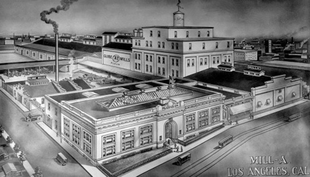 Archival drawing of Globe Grain and Milling Company complex. Courtesy Los Angeles Public Library Photo Collection