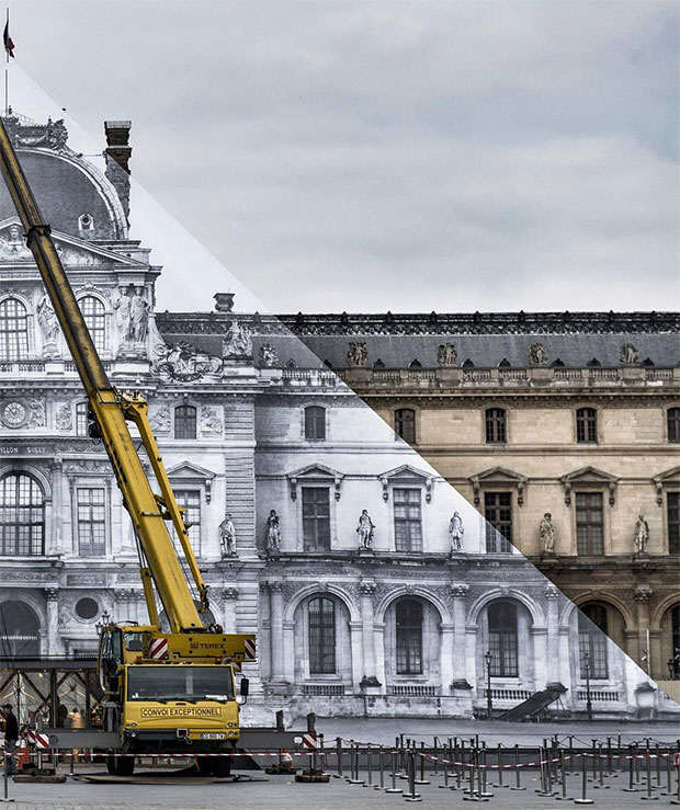 JR work being pasted up at the Louvre. Image courtesy of the Louvre's Instagram