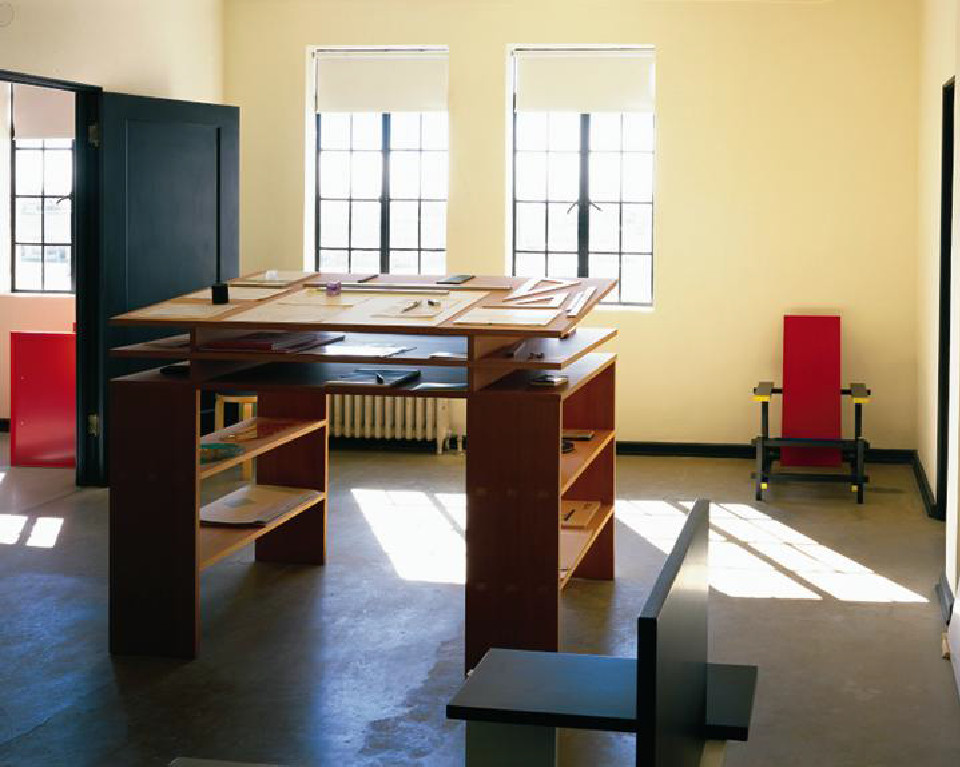 Architecture Office, 2nd Floor, Marfa Texas. Donald Judd Standing Writing Desk. Hester and Hardaway-Judd Foundation Archives. Courtesy of the Judd Foundation.