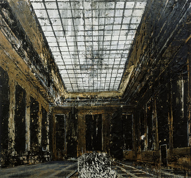 Interior (Innenraum), 1981 by Anselm Kiefer. Oil, acrylic, and paper on canvas, 287.5 x 311 cm  Collection Stedelijk Museum, Amsterdam Photo Collection Stedelijk Museum / copyright Anselm Kiefer 
