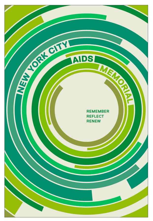 NYC AIDS Memorial artwork - Kobi Benezri. Multi green poster with the title integrated into graphic instead of tag line