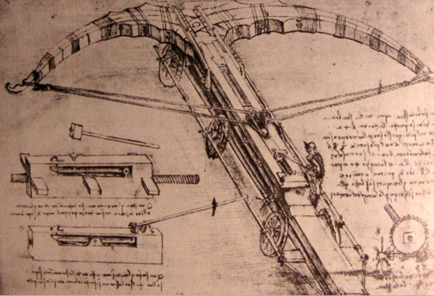  Leonardo da Vinci's illustrations for a giant crossbow, 1488–1489.