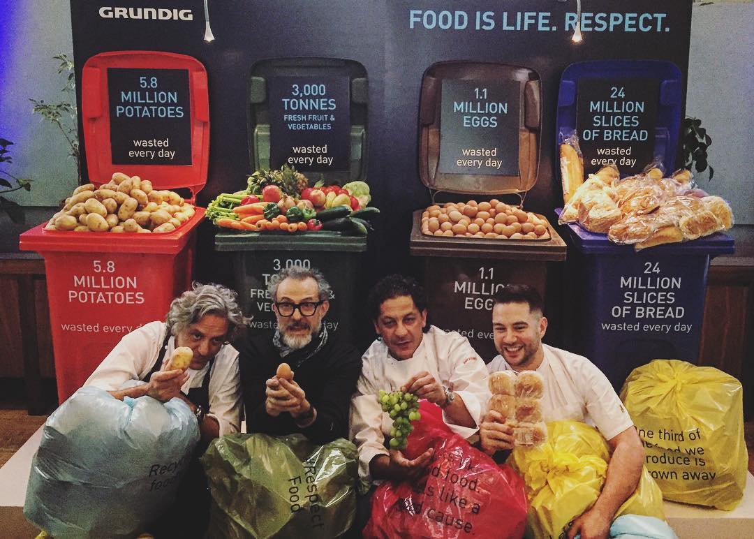 Giorgio Locatelli, Massimo Bottura, Francesco Mazzei, and Robert Chambers at Refettorio Felix, London. Image courtesy of Massimo's Instagram