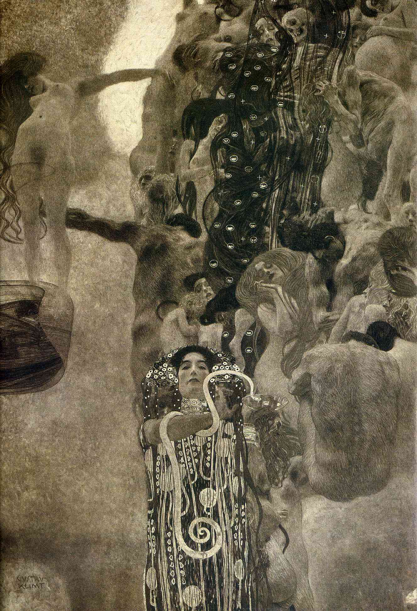 Detail from a black and white photograph of Gustav Klimt's Medicine (c. 1907). The original was destroyed by the Nazis in 1945
