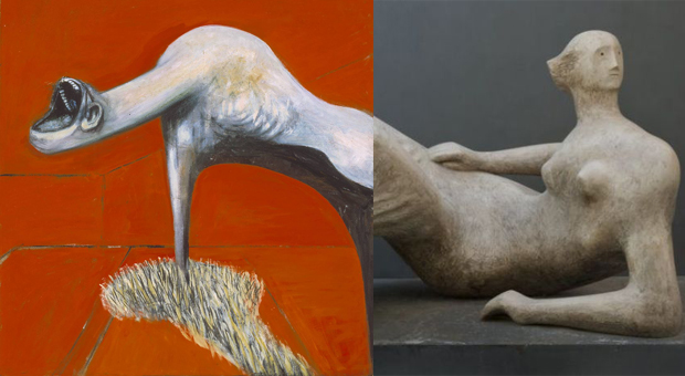 Left, detail from Three Studies for Figures at the Base of a Crucifixion (1944) by Francis Bacon and Reclining Figure: Angles (1979) by Henry Moore