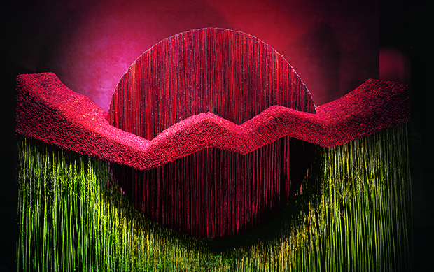A rising sun, constructed from red and green cornus flowers, Daniel Ost's in the Tokyo Ginza Shiseido Building, 2005. From Daniel Ost