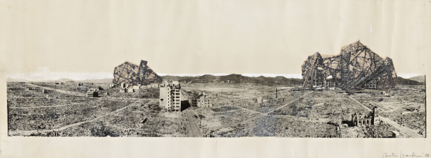 A photomural of Arata Isozaki's Reruined Hiroshima project. Image courtesy of RIBA