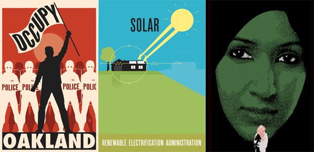 Occupy Oakland by R. Black (2011); Renewable Electrification Series - Solar by Eric Benson (2008); Saudi Women to Drive by Mohammad Sharaf (2011) all from Graphic Advocacy