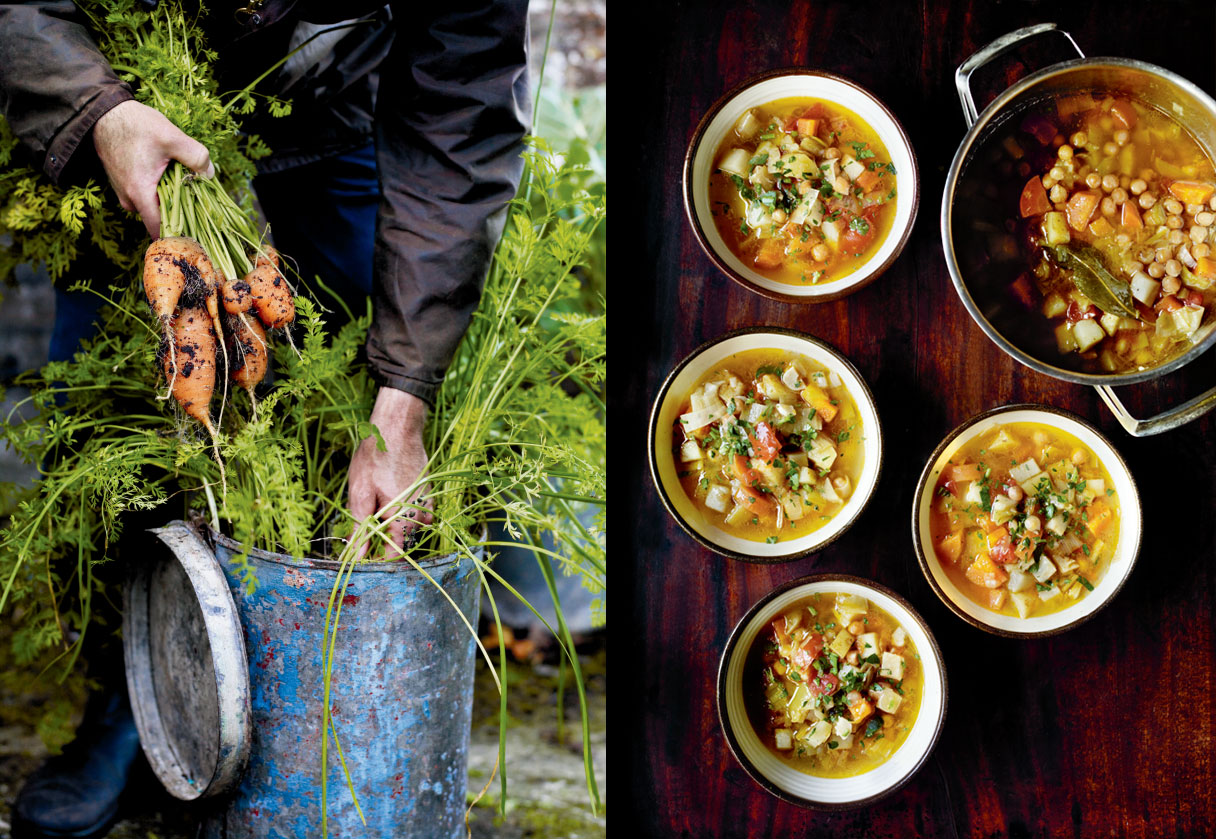Aaron Bertelsen harvests pot-grown carrots (left) and includes them in his recipe for Soup of Israel (right) 