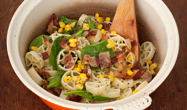 Pasta with sweetcorn, pancetta and baby spinach, a recipe from <a href=