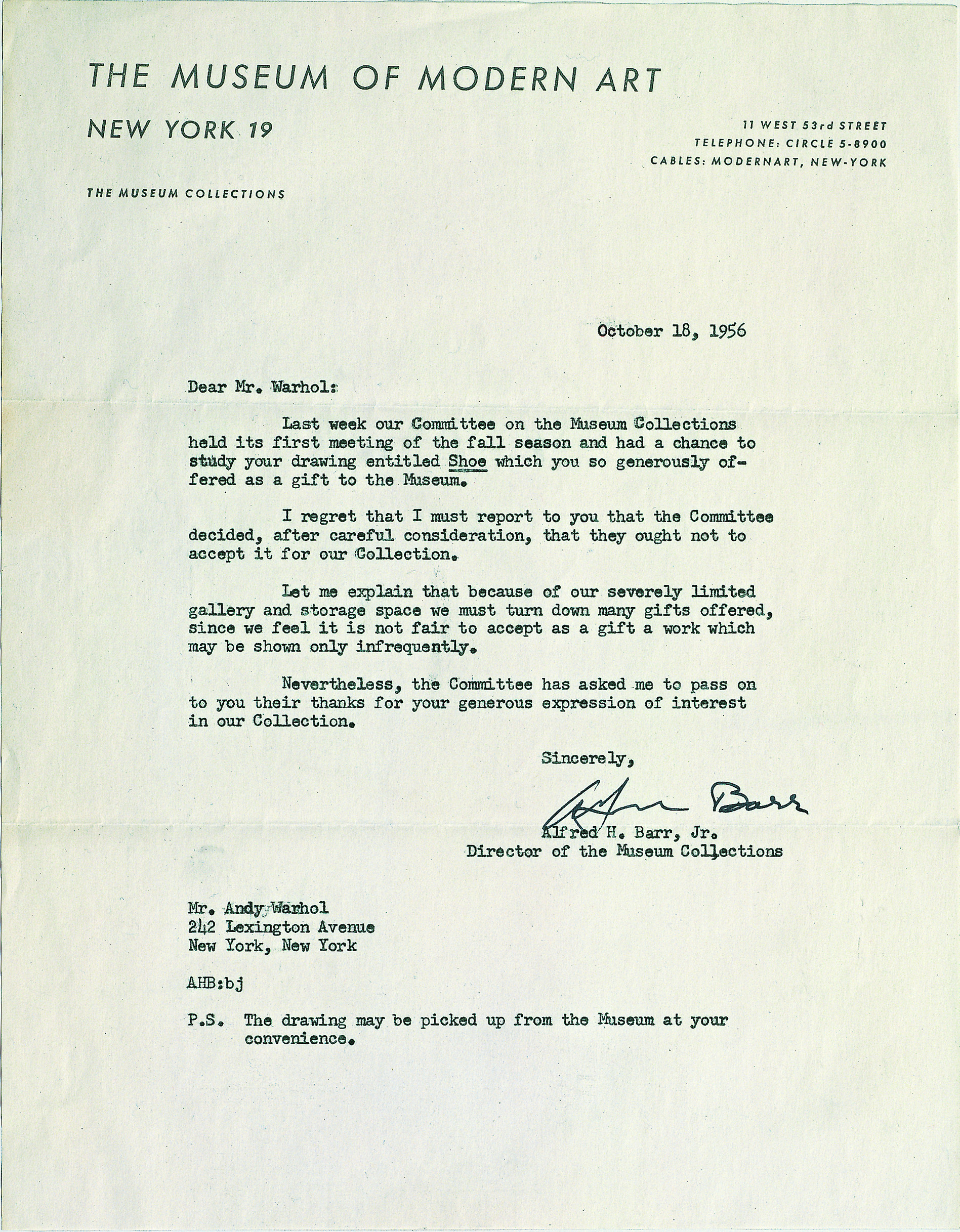 Warhol's MoMA rejection letter, as reproduced in Andy Warhol Giant Size