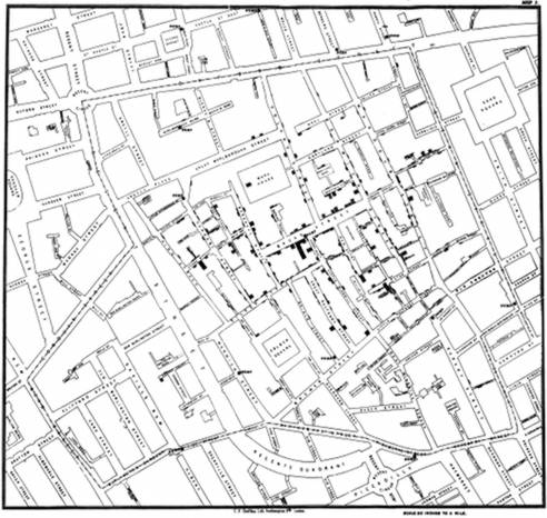 Deaths from Cholera in Soho, 1885, by John Snow. From Map
