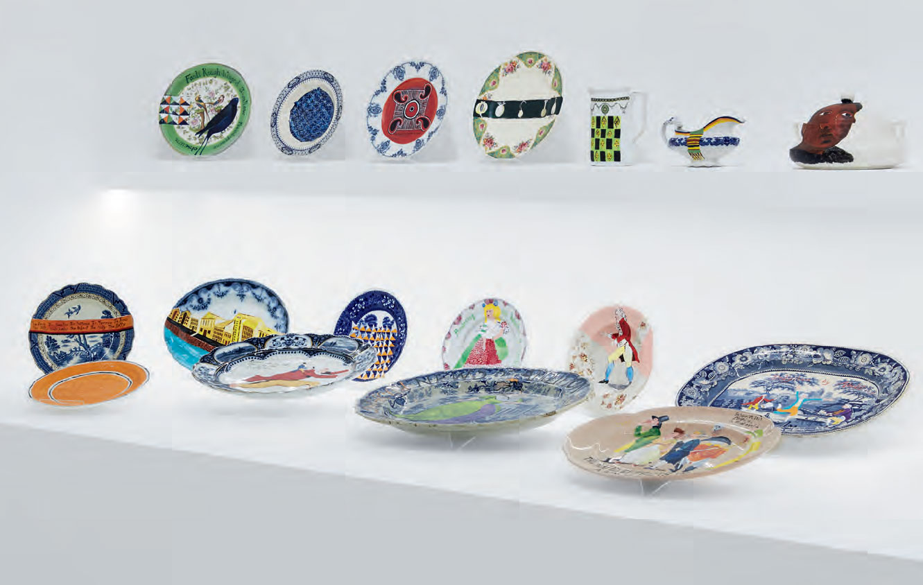 Part of Swallow Hard: The Lancaster Dinner Service (2007) by Lubaina Himid.  Courtesy Hollybush Gardens and the artist. Image courtesy Modern Art Oxford. Photo: Ben Westoby.