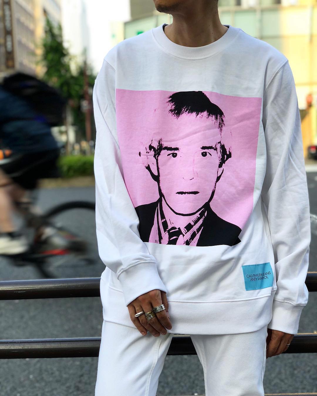 An Andy Warhol self-portrait printed on a crew-neck shirt by Calvin Klein Jeans. Image courtesy of Calvin Klein's Instagram