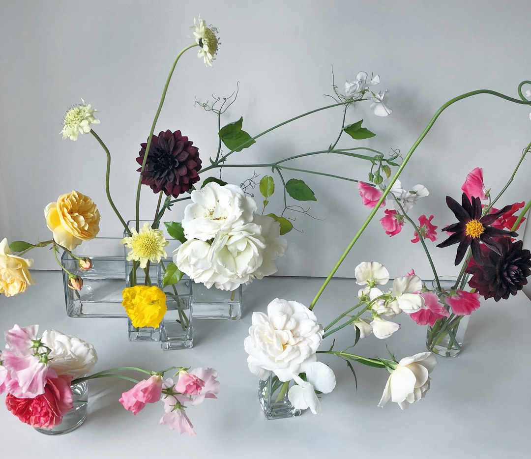 ‘Summer Tangle’ – garden roses, sweet pea vines, scabious flower, dahlias and Icelandic poppies grown in Kent - Bold Oxlip