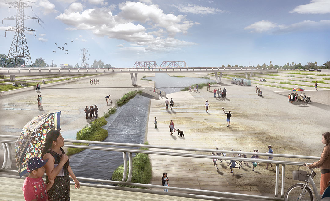 River LA, Los Angeles, CA, USA, Frank Gehry and teams; reimagined 2016; Perkins and Will (architects), design for Lower Los Angeles River Revitalization  Plan (LLARRP). Picture credit: Courtesy of Perkins and Will