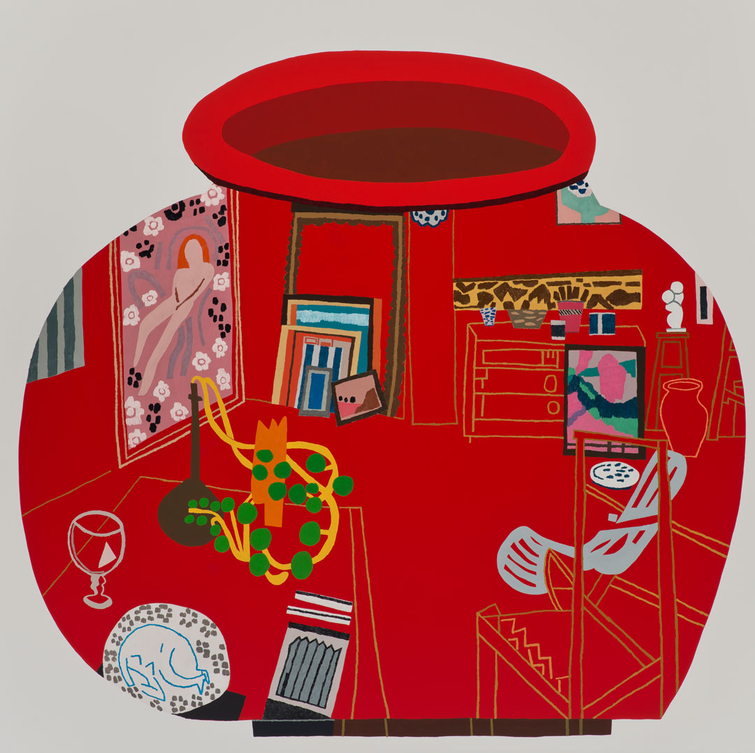 Red Studio Pot (2014) by Jonas Wood, which references The Red Studio (1911) by Henri Matisse