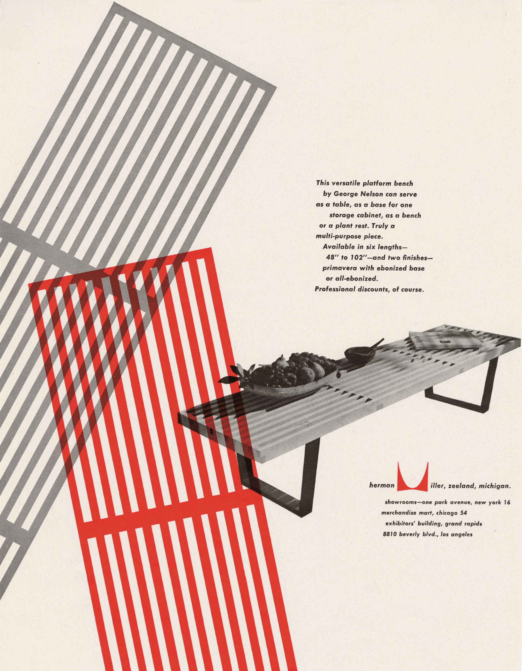 Basic Cabinet Series, Slat Bench by George Nelson; Herman Miller, advertisement designed by Irving Harper, 1950. Picture credit: courtesy and copyright © Herman Miller Archives 