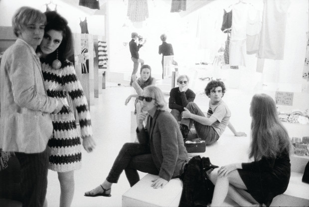 Stephen Shore: Rene Ricard, Susan Bottomly, Eric Emerson, unidentified woman; middle row: Mary (Might) Woronov, Andy Warhol, Ronnie Cutrone; background: Paul Morrissey, Edie Sedgwick. Paraphernalia’s opening and show (1966); clothes designer Betsey Johnson, store owner Paul Young, 1965-7 (page 113). © Stephen Shore