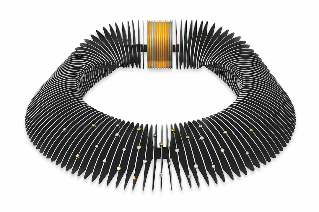 John Moore, Verto Necklace, 2015. Diamonds in extruded silicone, gold, and oxidized silver with magnetic clasp.