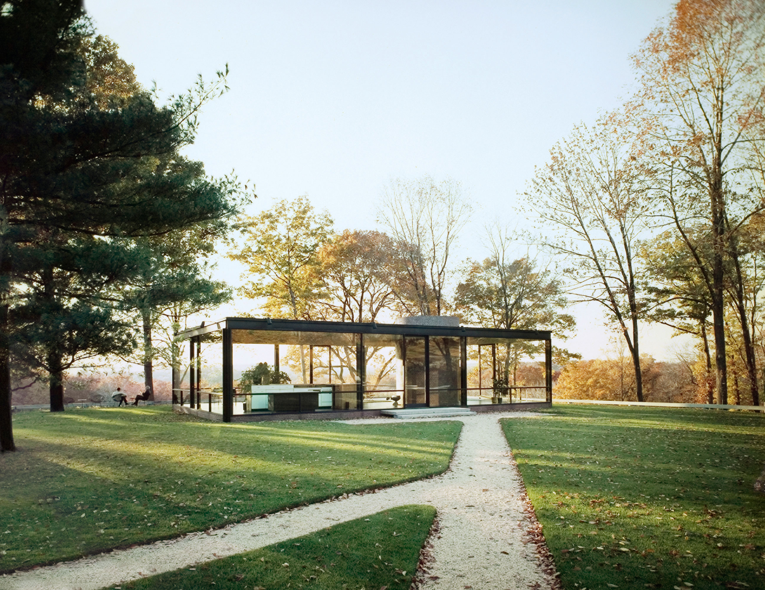 View from the south-east of the Glass House, New Canaan, Connecticut, 1949. Photograph by Ezra Stoller