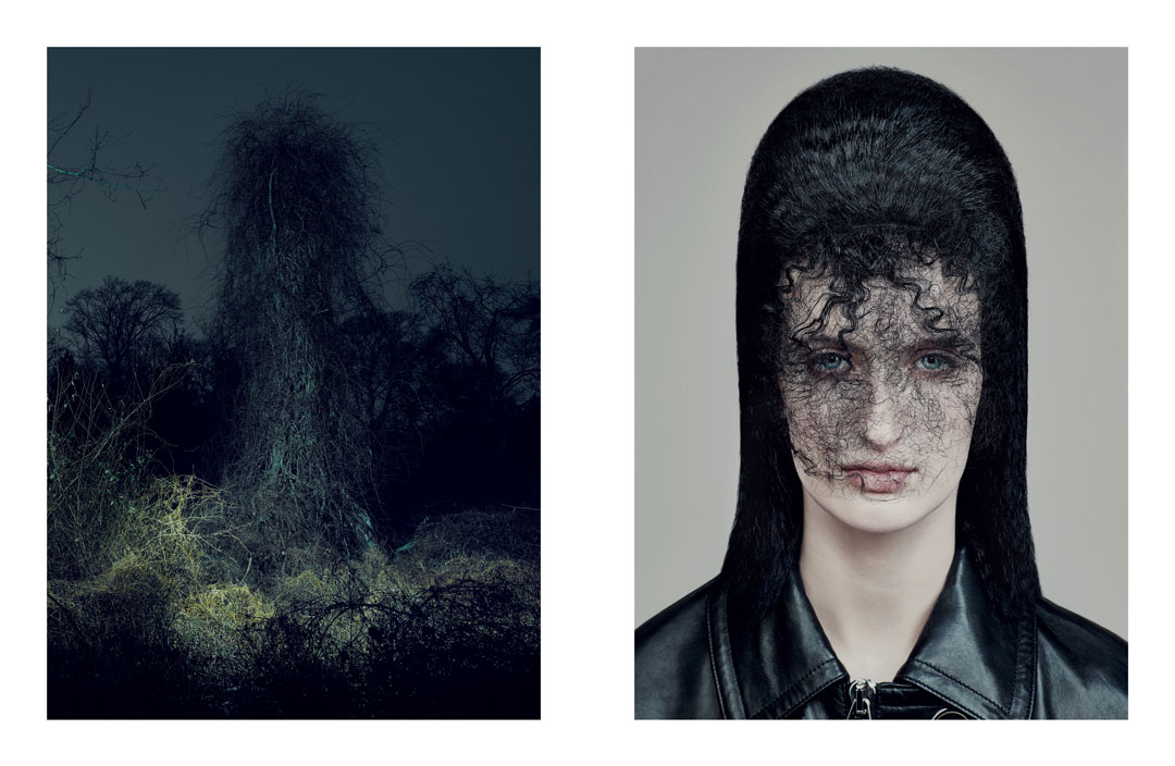 Nocturne Series, photography, 2016 (left), Interview, photography, 2016, hair by Guido, from chapter five: “Nature, Corrosion, Decay, Mystery, Disappearing, Invisible, Organic, Tangle, Smoke, Float