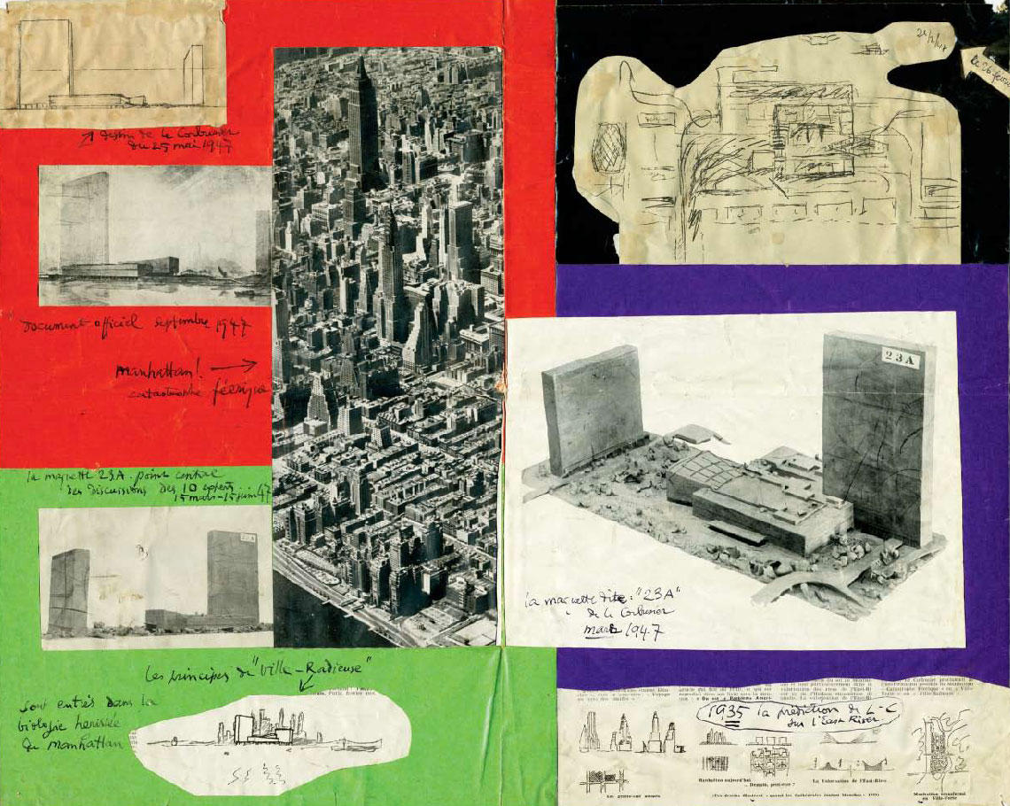 Above. A 1947 collage of plans, models, and drawings for Project 23A, with an aerial photograph of Manhattan encompassing the project’s site. From Le Corbusier Le Grand