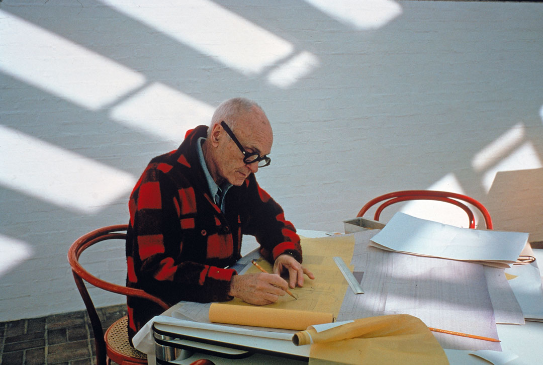 Philip Johnson working on a design, New Canaan, Connecticut, 1 January 1979