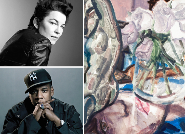 Elizabeth Peyton (top left) photographed by Inez van Lamsweerde and Vinoodh Matadin, her painting 'Acteon, Justin Bieber and Grey Roses' (2011) (right) and Jay-Z (bottom left) who features in her Muse Music playlist today