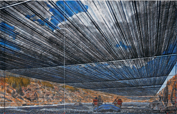 Christo Over The River (Project for Arkansas River, State of Colorado) (detail) Drawing 2012 in two parts 15 x 65