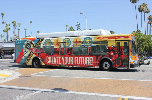 Shepard Fairey's Create Your Future bus wrap for LA Fund's ArtsMatter