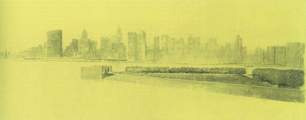 Sketch of Four Freedoms Park, 1974 by Louis Kahn. Image courtesy of Louis I. Kahn Collection, University of Pennsylvania and the Pennsylvania Historical and Museum